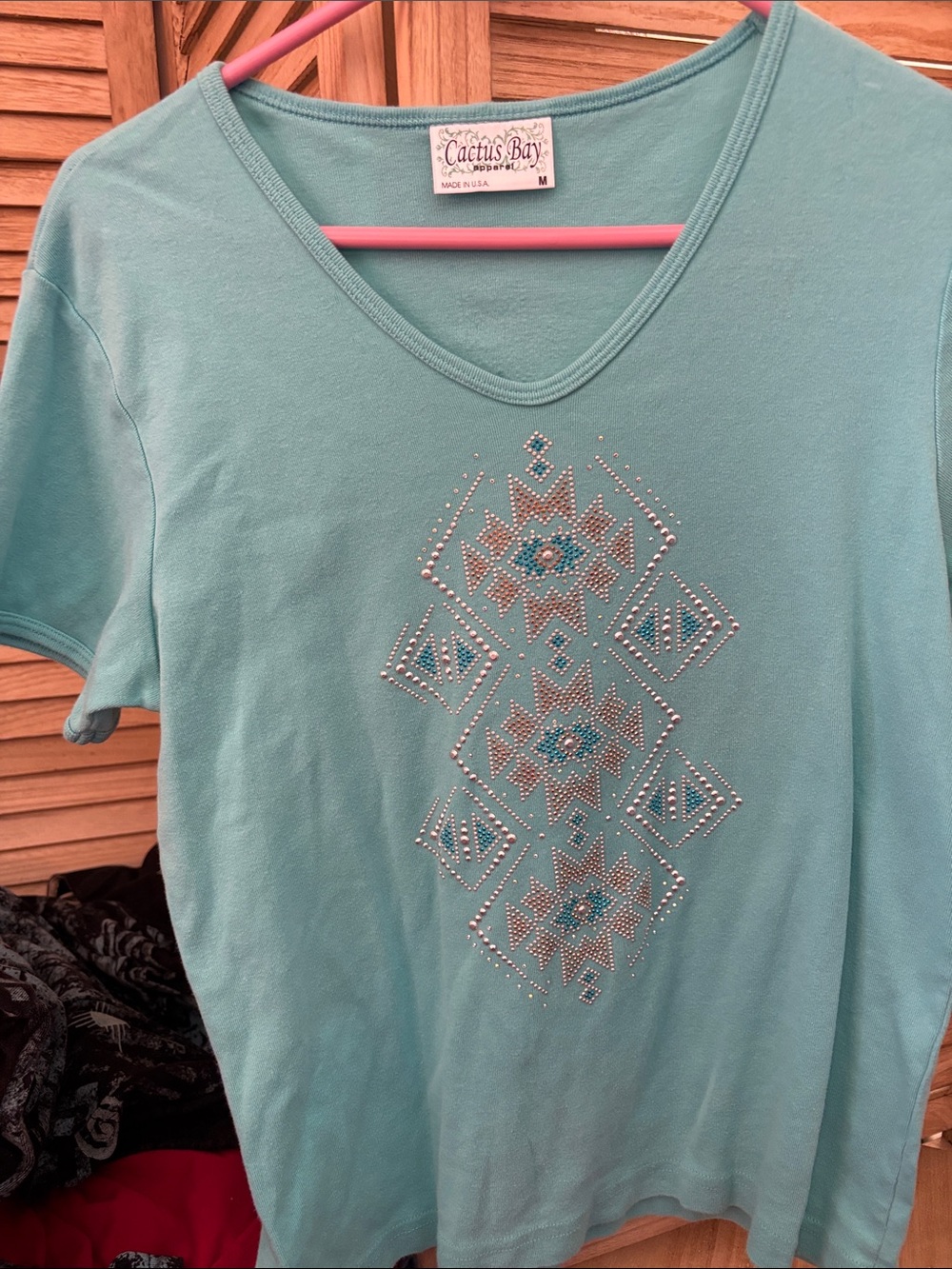 Cactus Bay Short Sleeve V-Neck Top with Rhinestone Geometric Motif Medium